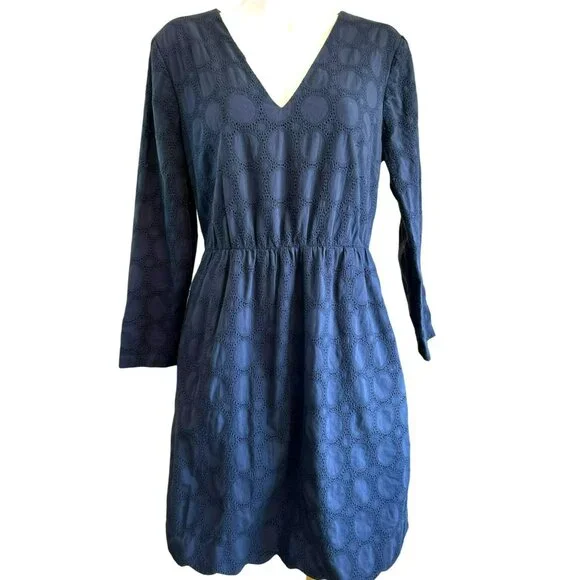J. Crew Factory | Dresses | J Crew Womens Navy Blue Eyelet Dress Size Long  Sleeve V Neck Elastic Waist | Poshmark